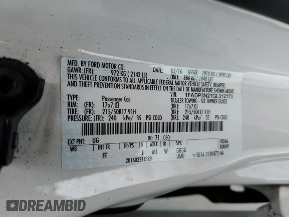 2016 Ford Focus Titanium с VIN 1FADP3N21GL312173, выставлен на аукционе Copart как лот 45011755 с пробегом 87 099 миль миль и На запчасти • Non repairable. История ставок и продаж доступна на DreamBid. Изображение 12.