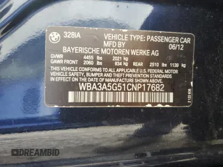 2012 BMW 3 Series 328i with VIN WBA3A5G51CNP17682, listed as a Copart auction lot 59619485 with 100,936 mi miles and Salvage title. Bid and sale history available at DreamBid. Image 12.