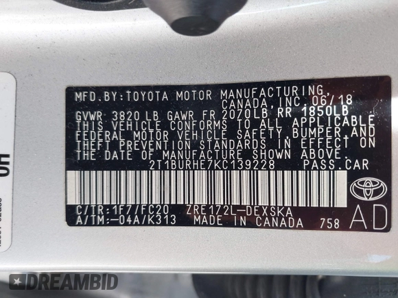 2019 Toyota Corolla L with VIN 2T1BURHE7KC139228, listed as a IAAI auction lot 42243979 with 106,008 mi miles and . Bid and sale history available at DreamBid. Image 9.