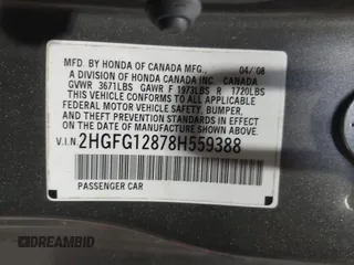 2008 Honda Civic Cpe EX with VIN 2HGFG12878H559388, listed as a IAAI auction lot 42184557 with 164,412 mi miles. Bid and sale history available at carsss.com. Image 8.