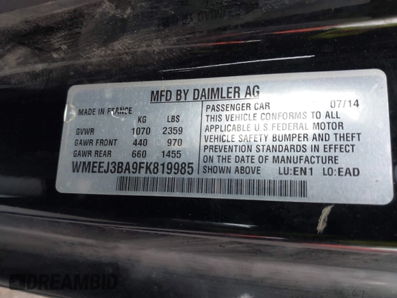 2015 Smart fortwo Passion with VIN WMEEJ3BA9FK819985, listed as a IAAI auction lot 41879486 with 79,394 mi miles. Bid and sale history available at carsss.com. Image 9.