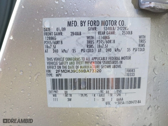 2009 Ford Edge Limited with VIN 2FMDK39C59BA73320, listed as a IAAI auction lot 39436879 with 130,999 mi miles. Bid and sale history available at carsss.com. Image 9.