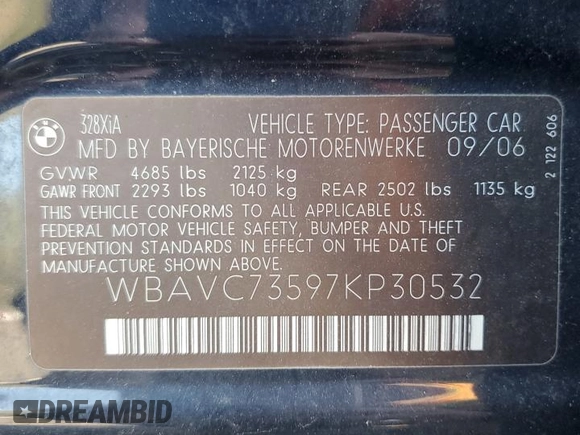 2007 BMW 3 Series 328xi with VIN WBAVC73597KP30532, listed as a Copart auction lot 54102915 with 143,583 mi miles and Clean title. Bid and sale history available at DreamBid. Image 12.