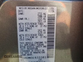 2016 Nissan Pathfinder SL with VIN 5N1AR2MM2GC633381, listed as a Copart auction lot 65333455 with Not provided miles and Clean title. Bid and sale history available at DreamBid. Image 14.