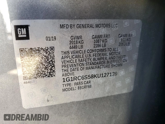 2019 Chevrolet Volt LT with VIN 1G1RC6S58KU127139, listed as a Copart auction lot 86598784 with 35,839 mi miles and Salvage Title. Bid and sale history available at carsss.com. Image 12.