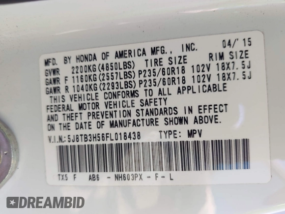 2015 Acura RDX Technology z VIN 5J8TB3H56FL018438, wystawiony jako IAAI lot #42368942 z przebiegiem Nie podano mil oraz . Historia ofert i sprzedaży dostępna na DreamBid. Obrazek 9.