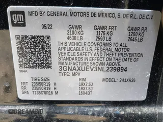 2022 Chevrolet Equinox LT z VIN 3GNAXUEV3NL239894, wystawiony jako IAAI lot #42116498 z przebiegiem 30 832 mil mil oraz . Historia ofert i sprzedaży dostępna na DreamBid. Obrazek 9.