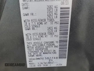 2014 Infiniti QX60 with VIN 5N1AL0MN7EC502748, listed as a Copart auction lot 61034955 with 174,278 mi miles and Salvage title. Bid and sale history available at DreamBid. Image 13.