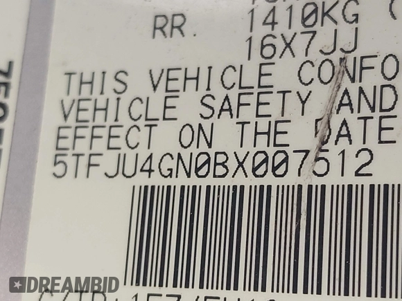 2011 Toyota Tacoma PreRunner with VIN 5TFJU4GN0BX007512, listed as a IAAI auction lot 41682881 with 190,184 mi miles and . Bid and sale history available at DreamBid. Image 9.