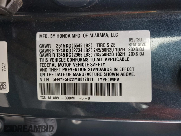 2021 Honda Pilot Special Edition with VIN 5FNYF5H22MB012811, listed as a Copart auction lot 44453855 with 25,782 mi miles and Salvage Title. Bid and sale history available at DreamBid. Image 13.