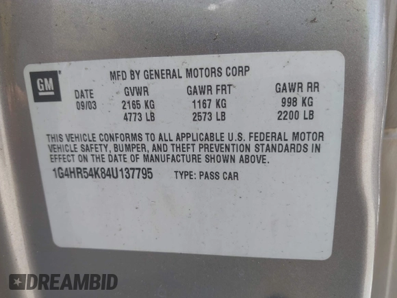 2004 Buick LeSabre Limited с VIN 1G4HR54K84U137795, выставлен на аукционе IAAI как лот 42169384 с пробегом Не указан миль и . История ставок и продаж доступна на DreamBid. Изображение 9.