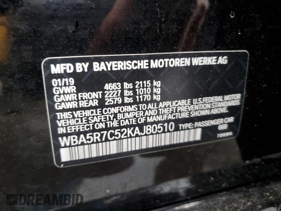2019 BMW 3 Series 330i xDrive with VIN WBA5R7C52KAJ80510, listed as a Copart auction lot 46527915 with 0 mi miles and Non Repairable. Bid and sale history available at carsss.com. Image 13.