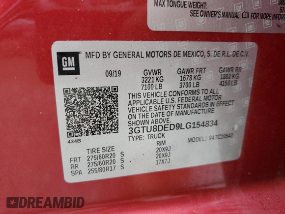 2020 GMC Sierra 1500 with VIN 3GTU8DED9LG154834, listed as a Copart auction lot 74182554 with Not Provided miles and Salvage Title. Bid and sale history available at DreamBid. Image 12.
