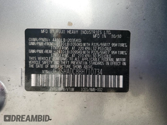 2011 Subaru Forester X Premium с VIN JF2SHADC8BH710734, выставлен на аукционе Copart как лот 85782644 с пробегом 96 798 миль миль и На запчасти • Non repairable. История ставок и продаж доступна на DreamBid. Изображение 13.