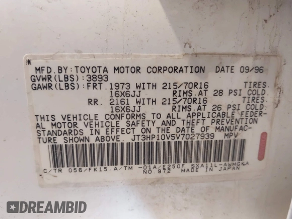 1997 Toyota RAV4 with VIN JT3HP10V5V7027939, listed as a IAAI auction lot 41837092 with 205,273 mi miles and . Bid and sale history available at DreamBid. Image 9.
