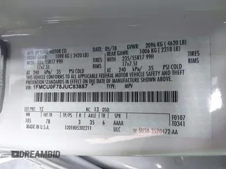 2018 Ford Escape S with VIN 1FMCU0F78JUC83887, listed as a IAAI auction lot 41614308 with 53,384 mi miles and . Bid and sale history available at DreamBid. Image 9.