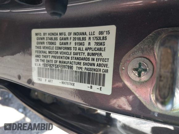 2015 Honda Civic LX with VIN 19XFB2F5XFE097890, listed as a IAAI auction lot 42208857 with 93,964 mi miles and . Bid and sale history available at DreamBid. Image 9.