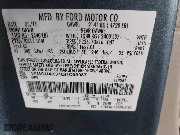 2011 Ford Escape Hybrid with VIN 1FMCU4K31BKC63987, listed as a IAAI auction lot 41987374 with 111,568 mi miles and . Bid and sale history available at DreamBid. Image 9.