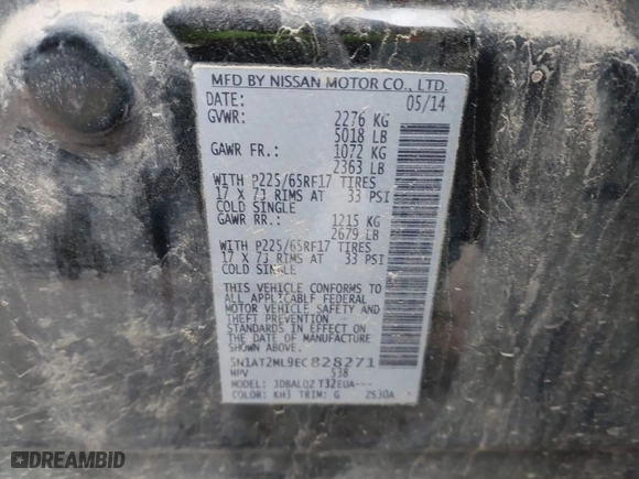 2014 Nissan Rogue SV with VIN 5N1AT2ML9EC828271, listed as a IAAI auction lot 41447881 with 138,694 mi miles. Bid and sale history available at carsss.com. Image 9.