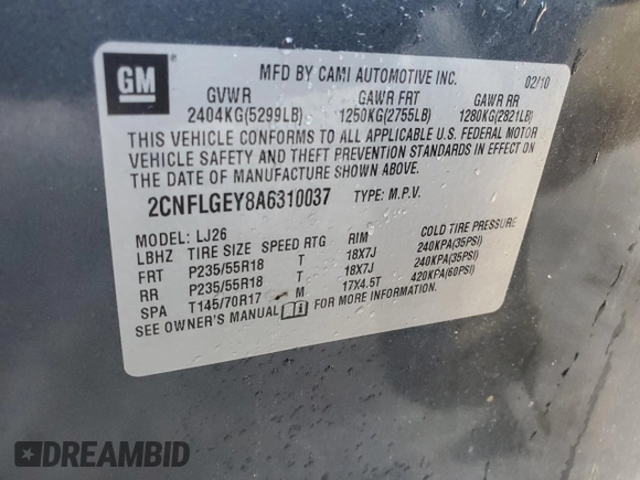 2010 Chevrolet Equinox LTZ with VIN 2CNFLGEY8A6310037, listed as a Copart auction lot 49610285 with 136,359 mi miles and Salvage Title. Bid and sale history available at DreamBid. Image 14.
