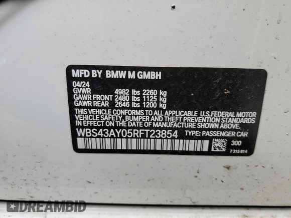 2024 BMW M3 Competition xDrive z VIN WBS43AY05RFT23854, wystawiony jako Copart lot #45918415 z przebiegiem Nie podano mil oraz Szkoda całkowita • Salvage title. Historia ofert i sprzedaży dostępna na DreamBid. Obrazek 13.