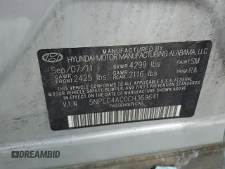 2012 Hyundai Sonata SE z VIN 5NPEC4AC0CH369641, wystawiony jako Copart lot #55160595 z przebiegiem Nie podano mil oraz Szkoda całkowita • Salvage title. Historia ofert i sprzedaży dostępna na DreamBid. Obrazek 12.