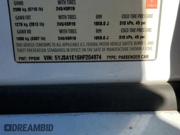 2017 Tesla Model S 60 with VIN 5YJSA1E16HF204974, listed as a Copart auction lot 89109185 with 107,102 mi miles and Salvage title. Bid and sale history available at DreamBid. Image 14.