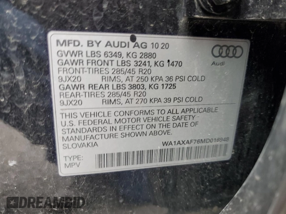 2021 Audi Q7 Premium with VIN WA1AXAF76MD016948, listed as a Copart auction lot 50158175 with 55,868 mi miles and Salvage title. Bid and sale history available at DreamBid. Image 13.