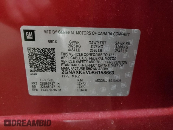 2019 Chevrolet Equinox LT with VIN 2GNAXKEV5K6158660, listed as a Copart auction lot 53871665 with 80,621 mi miles and Salvage Title. Bid and sale history available at DreamBid. Image 13.