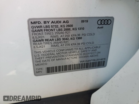 2020 Audi SQ5 Premium with VIN WA1A4AFY6L2014676, listed as a Copart auction lot 68656803 with 24,018 mi miles. Bid and sale history available at carsss.com. Image 12.