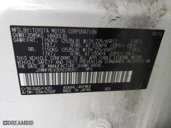 2013 Toyota RAV4 XLE with VIN JTMRFREV3D5028057, listed as a Copart auction lot 47964565 with 247,413 mi miles and Salvage Title. Bid and sale history available at carsss.com. Image 13.