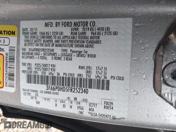 2015 Ford Fusion SE with VIN 3FA6P0HD5FR252340, listed as a IAAI auction lot 42389846 with 61,872 mi miles and . Bid and sale history available at DreamBid. Image 9.