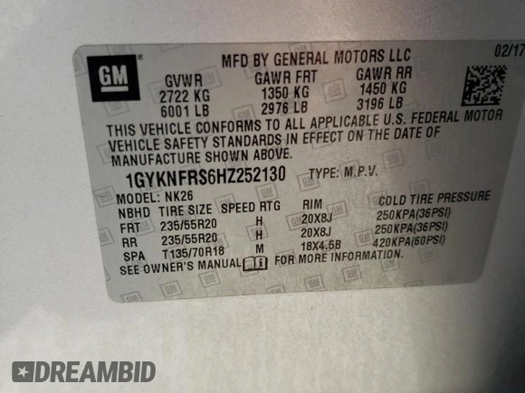 2017 Cadillac XT5 Platinum AWD with VIN 1GYKNFRS6HZ252130, listed as a Copart auction lot 52923025 with 58,046 mi miles and Salvage Title. Bid and sale history available at carsss.com. Image 14.