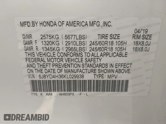 2019 Acura MDX with VIN 5J8YD4H36KL029938, listed as a IAAI auction lot 41139438 with 62,998 mi miles. Bid and sale history available at carsss.com. Image 9.
