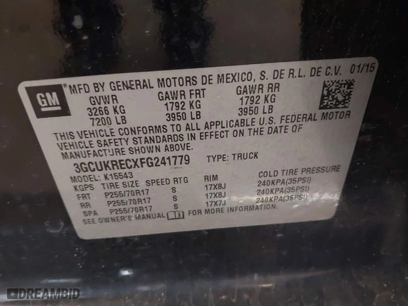 2015 Chevrolet Silverado 1500 LT with VIN 3GCUKRECXFG241779, listed as a IAAI auction lot 41728290 with NaN miles. Bid and sale history available at carsss.com. Image 9.