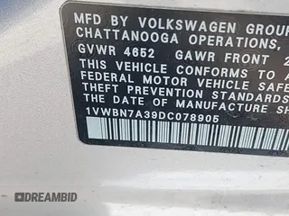 2013 Volkswagen Passat SE with VIN 1VWBN7A39DC078905, listed as a IAAI auction lot 42064537 with 185,853 mi miles and . Bid and sale history available at DreamBid. Image 9.