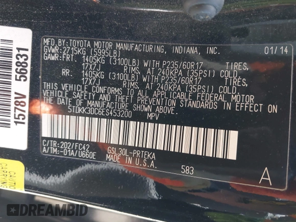 2014 Toyota Sienna LE AAS with VIN 5TDKK3DC6ES453200, listed as a IAAI auction lot 42277928 with 347,887 mi miles and . Bid and sale history available at DreamBid. Image 9.