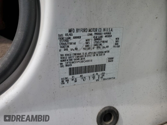 2003 Ford F-350 XL z VIN 1FTSW31P13EC45515, wystawiony jako Copart lot #49916815 z przebiegiem 81 547 mil mil oraz Szkoda całkowita • Salvage title. Historia ofert i sprzedaży dostępna na DreamBid. Obrazek 14.