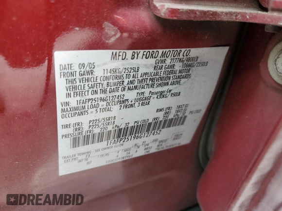 2006 Ford Five Hundred Limited with VIN 1FAFP25196G127452, listed as a Copart auction lot 61756795 with 186,112 mi miles and Salvage title. Bid and sale history available at DreamBid. Image 12.