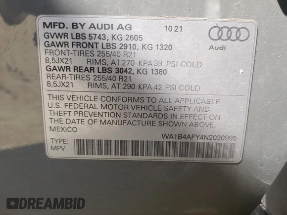 2022 Audi SQ5 Premium Plus with VIN WA1B4AFY4N2030995, listed as a Copart auction lot 52509873 with 19,207 mi miles and . Bid and sale history available at DreamBid. Image 15.