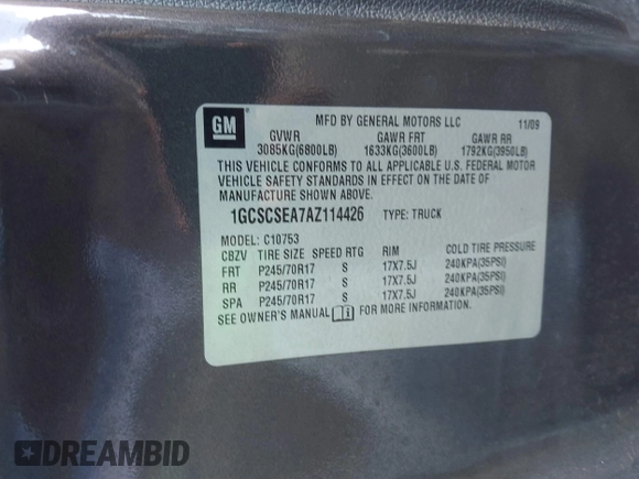 2010 Chevrolet Silverado 1500 LT with VIN 1GCSCSEA7AZ114426, listed as a IAAI auction lot 41033837 with 96,894 mi miles and . Bid and sale history available at DreamBid. Image 9.