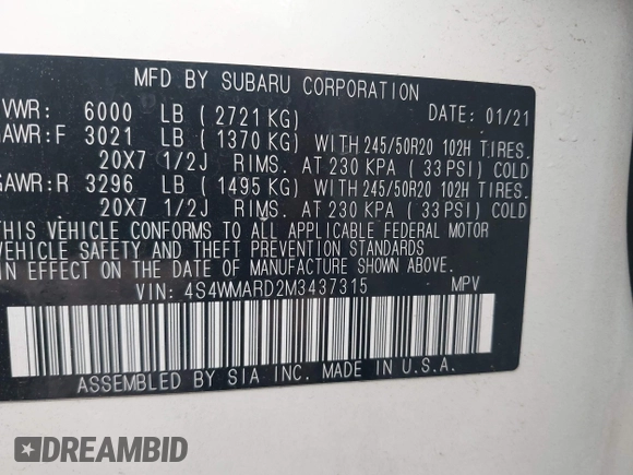 2021 Subaru Ascent Touring с VIN 4S4WMARD2M3437315, выставлен на аукционе IAAI как лот 42095421 с пробегом 43 497 миль миль и . История ставок и продаж доступна на DreamBid. Изображение 9.