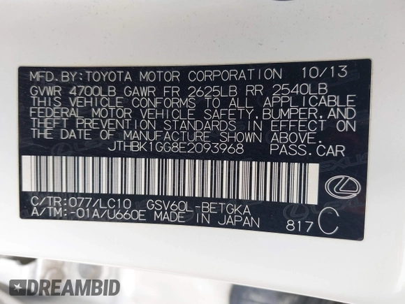 2014 Lexus ES 330 with VIN JTHBK1GG8E2093968, listed as a IAAI auction lot 42389494 with 175,815 mi miles and . Bid and sale history available at DreamBid. Image 9.