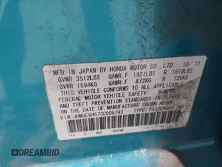 2012 Honda Fit Sport with VIN JHMGE8H57CC005793, listed as a IAAI auction lot 42227191 with 116,231 mi miles and . Bid and sale history available at DreamBid. Image 9.