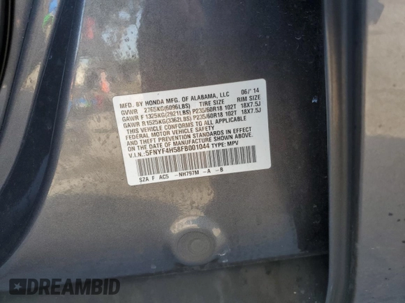 2015 Honda Pilot EX-L with VIN 5FNYF4H58FB001044, listed as a Copart auction lot 52402045 with 143,143 mi miles and Salvage Title. Bid and sale history available at carsss.com. Image 14.