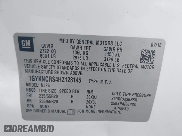 2017 Cadillac XT5 Premium Luxury FWD with VIN 1GYKNCRS4HZ128145, listed as a IAAI auction lot 42349980 with 99,100 mi miles and . Bid and sale history available at DreamBid. Image 9.