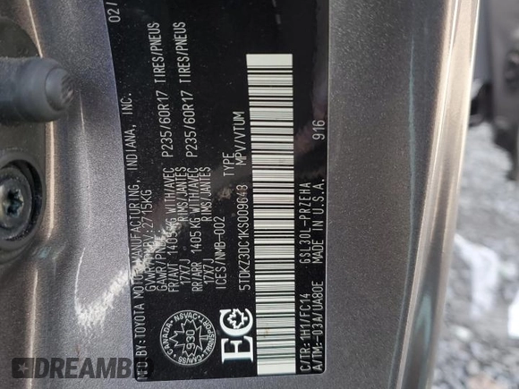 2019 Toyota Sienna LE Auto Access Seat with VIN 5TDKZ3DC1KS009648, listed as a Copart auction lot 52910155 with 68,417 mi miles and Salvage Title. Bid and sale history available at DreamBid. Image 14.