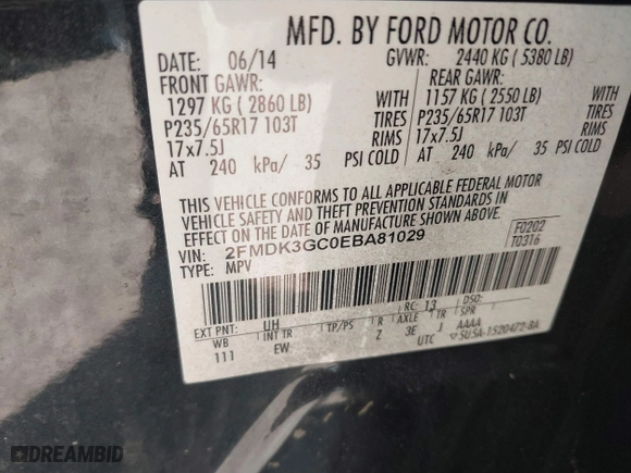 2014 Ford Edge SE with VIN 2FMDK3GC0EBA81029, listed as a IAAI auction lot 40851638 with 110,477 mi miles. Bid and sale history available at carsss.com. Image 9.