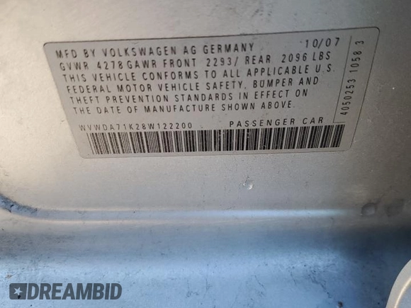 2008 Volkswagen Rabbit S with VIN WVWDA71K28W122200, listed as a Copart auction lot 83636344 with 126,397 mi miles and Salvage title. Bid and sale history available at DreamBid. Image 12.