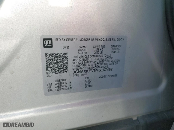 2021 Chevrolet Equinox LT with VIN 3GNAXKEV5MS167492, listed as a Copart auction lot 45908355 with 30,722 mi miles and Salvage Title. Bid and sale history available at carsss.com. Image 14.